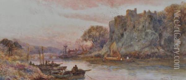 Fishermen Near Chepstow Castle At Sunset Oil Painting - Walker Stuart Lloyd