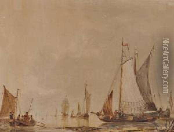 Watercolour, 
Dutch Harbour Scene Oil Painting - Frans Jacobus Van Den Blijk