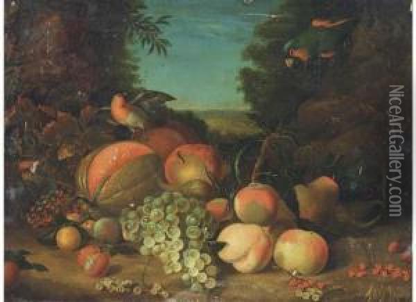 Still Life Of Grapes, Peaches, 
Plums, Berries And A Melon, With Arobin And Parrot To The Side Oil Painting - William Jones Of Bath