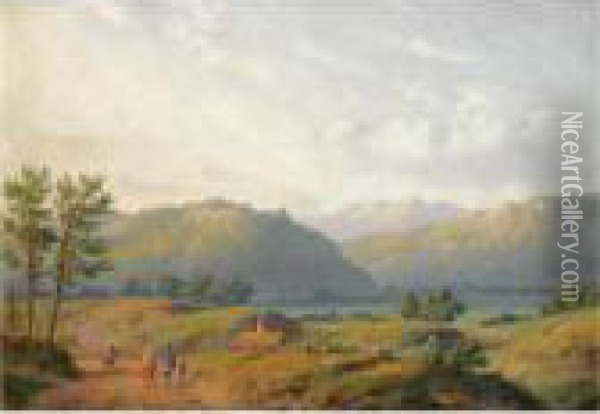 Figures In A Mountainous Summer Landscape Oil Painting - Carl Eduard Ahrendts