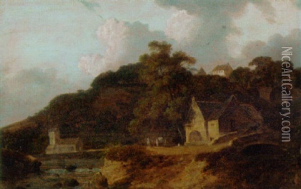 A Horse And Cart By A Watermill In A Wooded Landscape, A Church Beyond Oil Painting - Julius Caesar Ibbetson