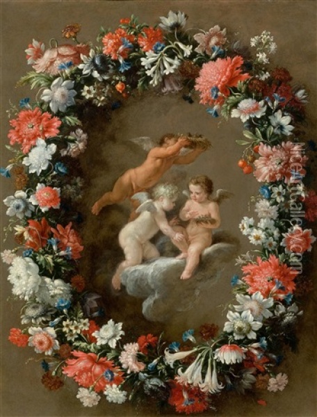 Three Putti With A Bird's Nest And A Garland Of Flowers Oil Painting - Filippo Lauri