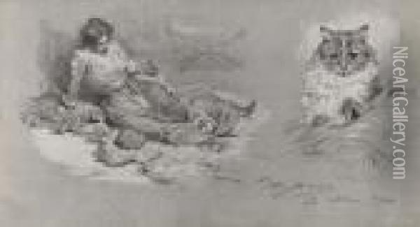 Donna Con Gatti - 1902 Oil Painting - Achille Beltrame