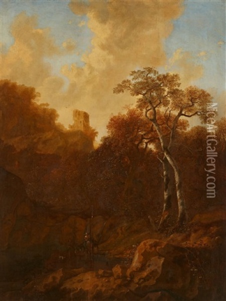 Southern Landscape With Ruins And Travellers Oil Painting - Reynier Van Der Laeck