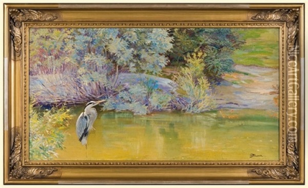Heron Over The Water Oil Painting - Ferdinand Schebek