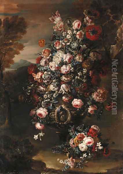 Roses, parrot tulips, paeonies, morning glory and other flowers in an ornamental silver urn in a landscape Oil Painting - Jan-Baptiste Bosschaert