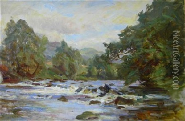 A Sunlit Highland River (+ Another; 2 Works) Oil Painting - Robert Payton Reid