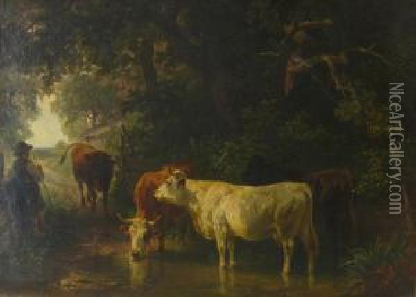 Cow Watering Oil Painting - Friedrich Johann Voltz