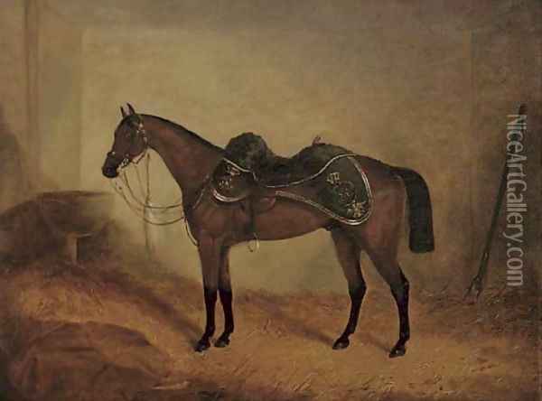 Prince A dark bay charger, in his stable Oil Painting - English School