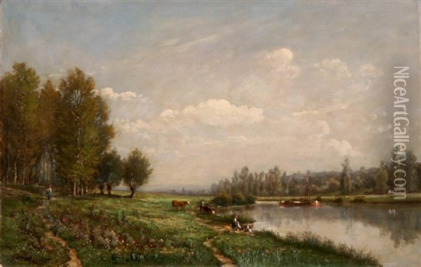 Weite Flusslandschaft Mit Hirtinnen Und Vieh Oil Painting - Aime Perret