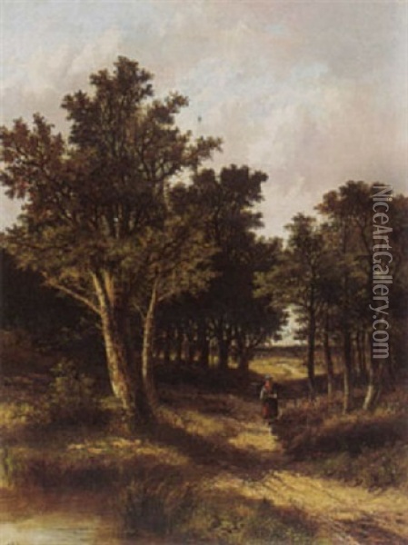 A Girl Gathering Wood On A Country Lane Near A Stream Oil Painting - Abraham Hulk the Younger