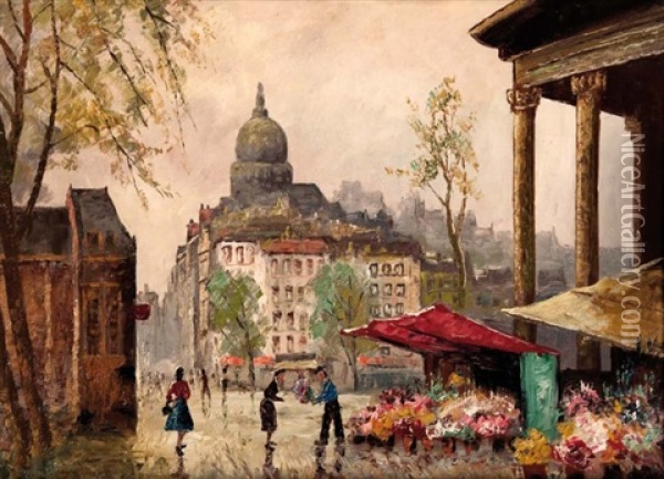 Le Marche Aux Fleurs Parisien Oil Painting - Georgi Alexandrovich Lapchine
