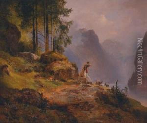 Herdswoman Resting With Her Goats At Konigssee Oil Painting - Anton Hansch