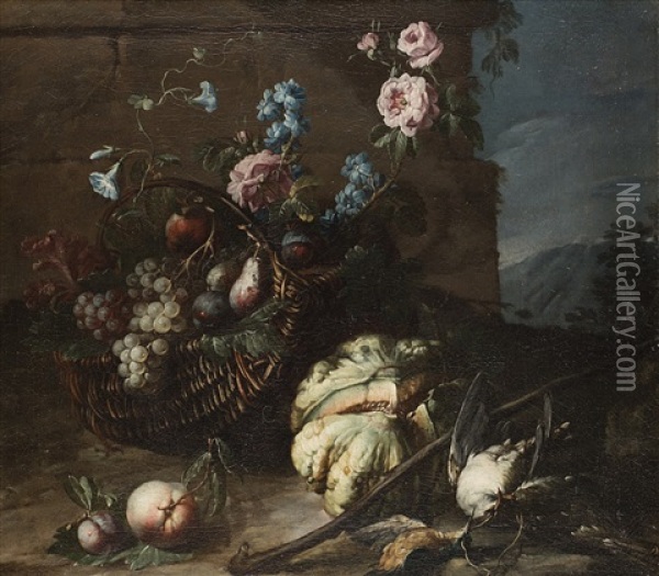 Natura Morta Con Frutta, Fiori, Melone E Volatili Oil Painting - Candido Vitali