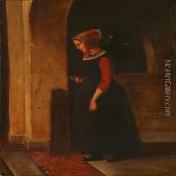 Interior With A Woman In A Folk Costume Oil Painting - Christian Andreas Schleisner