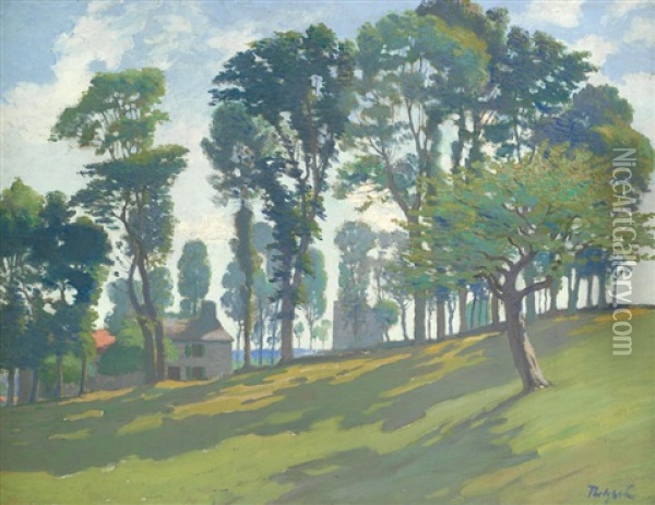 A Treelined Landscape Oil Painting - Gustave Poetzsch