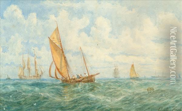 Two Mastedvessel In A Choppy Sea Oil Painting - William Adolphu Knell