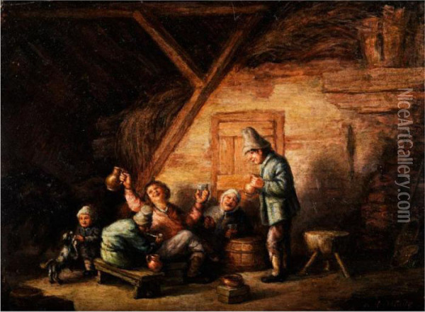 Bauernfamilie In Einer Scheune Um Einfass Sitzend Mit Glasern Und Krugen Oil Painting - Adriaen Jansz. Van Ostade