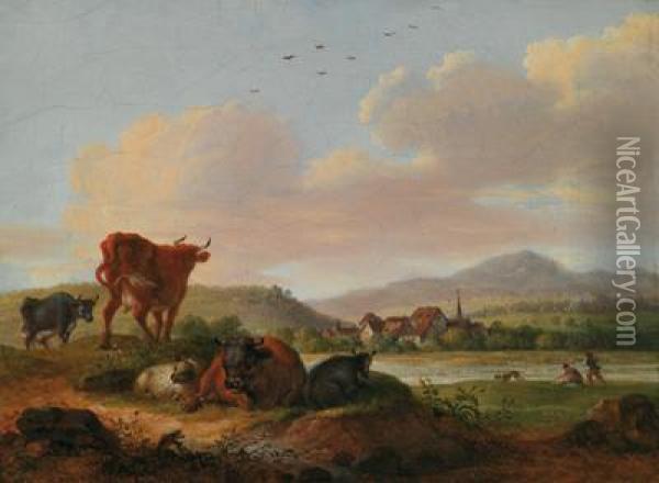 Paesaggio Meridionale Con Vacche In Riposo E Un Villaggio Sullo Sfondo Oil Painting - Maximillian Neustuck