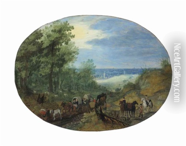 Travelers With Wagons On A Country Road, A City Beyond Oil Painting - Christoffel van den Berge