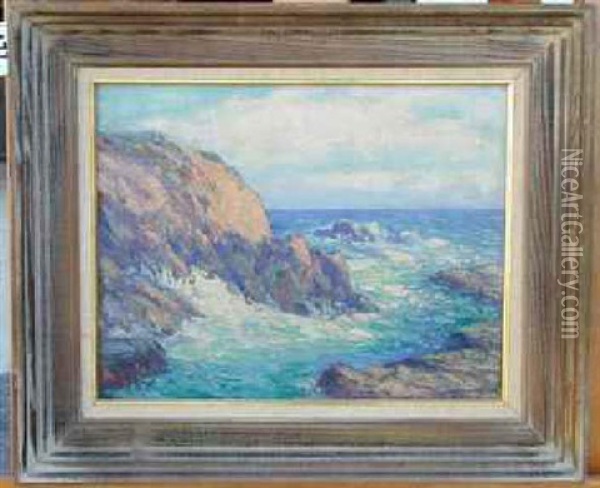 Summer Seascape With Rocks And Crashing Waves Oil Painting - William Henry Price