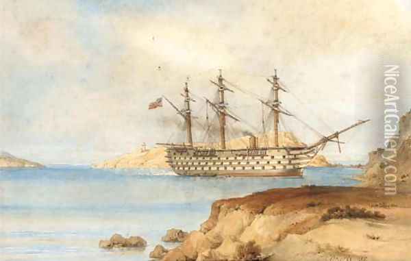 H.M.S. Royal Albert aground off the Aegean Island of Zea, 29th December, 1855 Oil Painting - Sir Oswald Walters Brierly