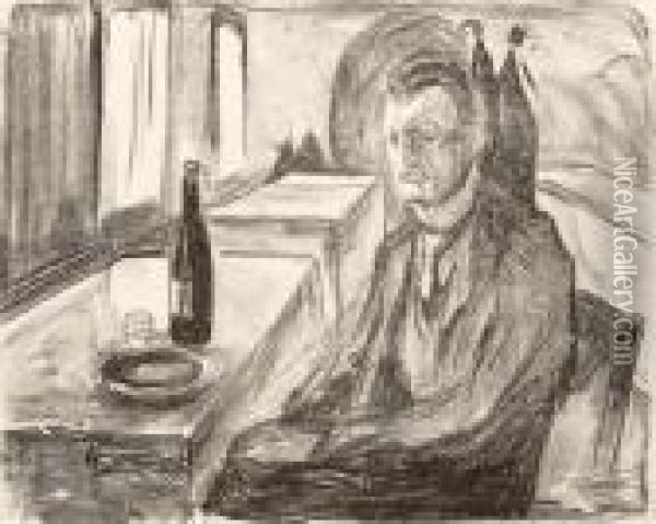 Self-portrait With A Bottle Of Wine Oil Painting - Edvard Munch
