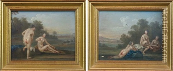 Deux Baigneuses Dans Un Paysage, Groupe De Trois Baigneuses Au Bord D'une Riviere (pair) Oil Painting - Jacques Sebastien Le Clerc