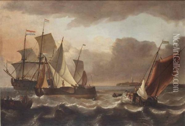A Barge Under Sail Tacking With A Merchantman And A Pink Lowering Sails In A Stiff Breeze, A Three-master Beyond, A Town On The Shore In The Distance Oil Painting - Aernout (Johann Arnold) Smit