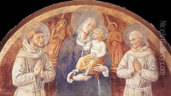 Madonna and Child between St Francis and St Bernardine of Siena 1450 Oil Painting - Benozzo di Lese di Sandro Gozzoli