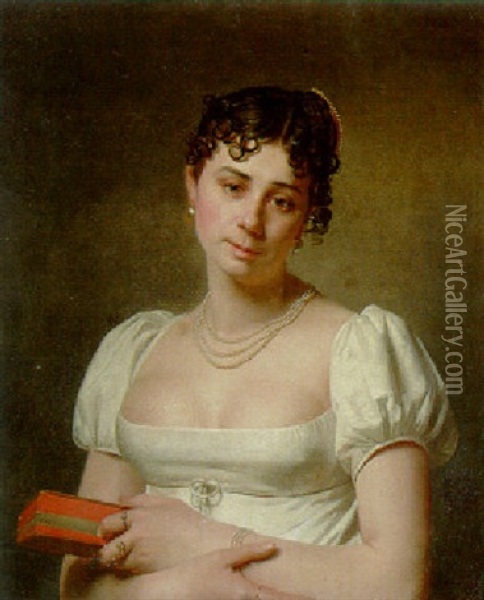 Portrait Of A Young Lady, Half Length, In A White Dress And Pearls, Holding A Book Oil Painting - Martin Droelling