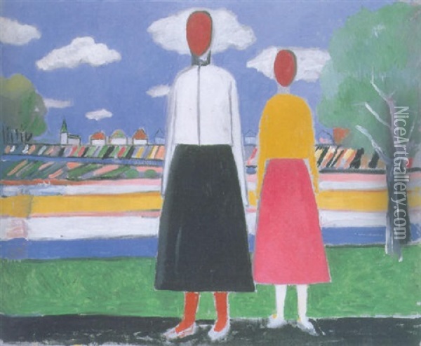 Two Figures In A Landscape Oil Painting - Kazimir Malevich