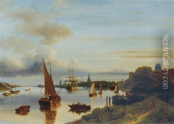 View On The River Maas And The City Of Dordrecht Oil Painting - Nicolaas Johannes Roosenboom