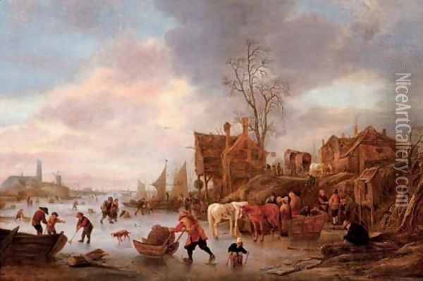 A winter landscape with villagers on a frozen canal Oil Painting - Isaack Jansz. van Ostade