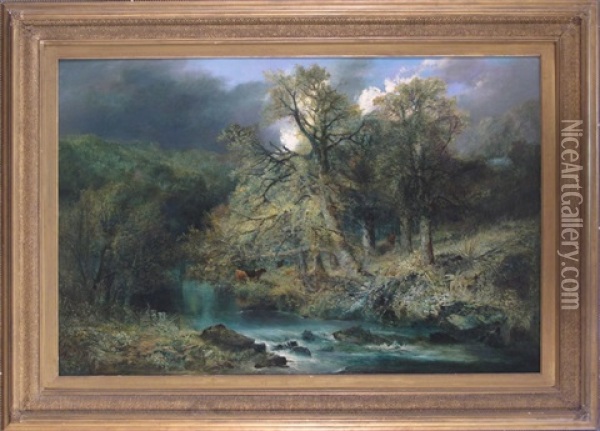 A Stormy Wooded River Landscape With A Mother And Child On A Path In The Woods Oil Painting - William Widgery