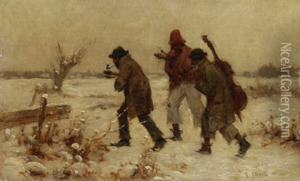 Winterlandschaft Mit Strassenmusikanten Oil Painting - Franciszek Streitt