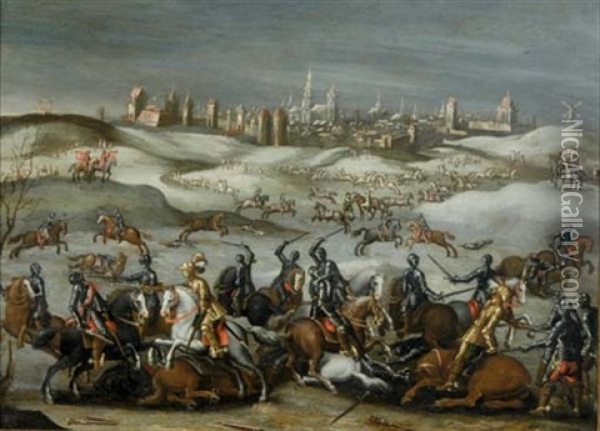 A Battle Skirmish With A Town Beyond Oil Painting - Pieter Molenaer