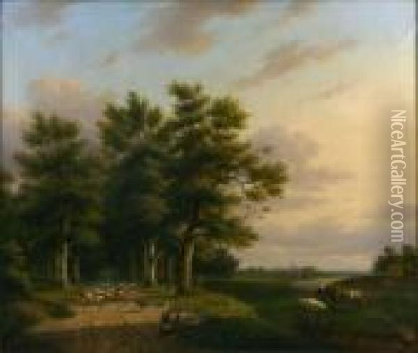 [paysage Avec Vaches, Moutons Et
 Village Dans Le Lointain.] Huile Sur Toile, Signee En Bas A Droite Oil Painting - Johann Bernard Klombeck
