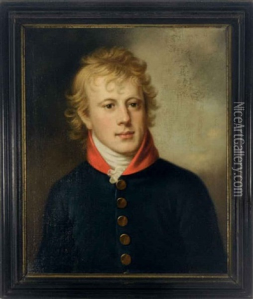 Portrait Of A Young Man, Head And Shoulders, Wearing A Blue Coat Oil Painting - Martin Droelling