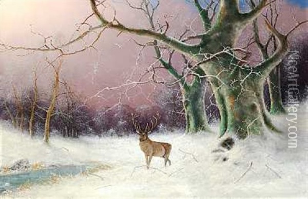 Kronhjort I Vinterskoven Oil Painting - Nils Hans Christiansen