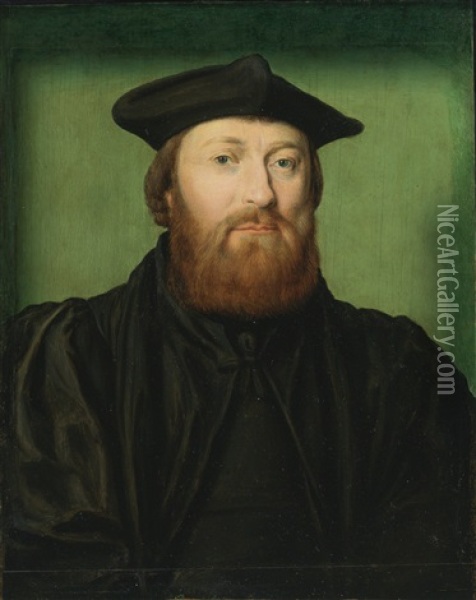 Portrait Of A Gentleman, Wearing A Black Coat And Cap, With A Green Background Oil Painting -  Corneille de Lyon