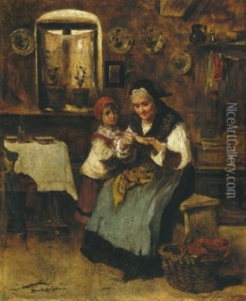 Nagymama Az Unokaval (grandmother With With Her Grandchild) Oil Painting - Lajos Bruck