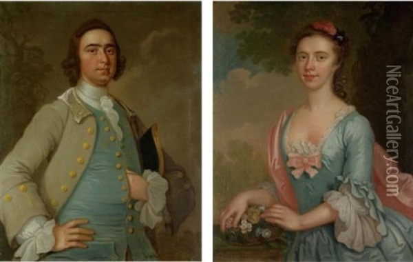 Portrait Of A Gentleman And A Lady (pair) Oil Painting - Hamlet Winstanley