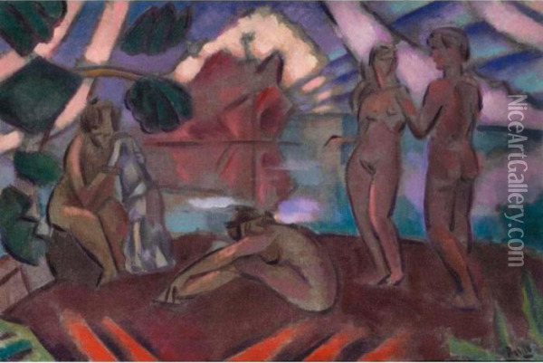 The Bathers, Circa 1911 Oil Painting - Vladimir Baranoff-Rossine