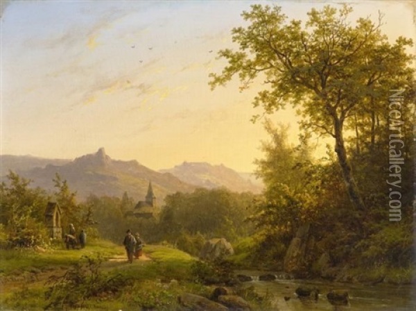 Sommerliche Gebirgslandschaft Mit Wanderern Oil Painting - Johann Bernard Klombeck
