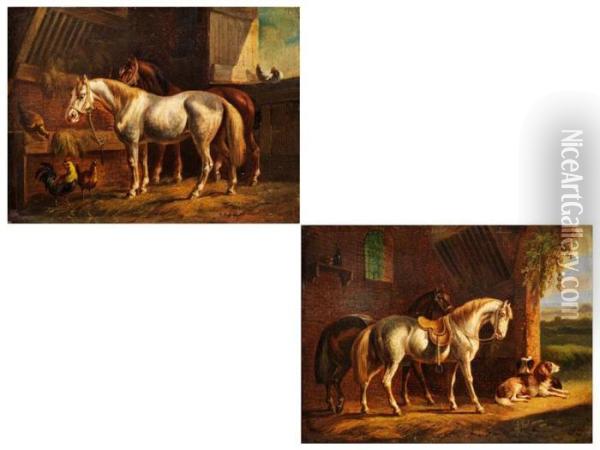 Zwei Pferde Im Stall Mit Zwei Hunden Oil Painting - Albertus Verhoesen