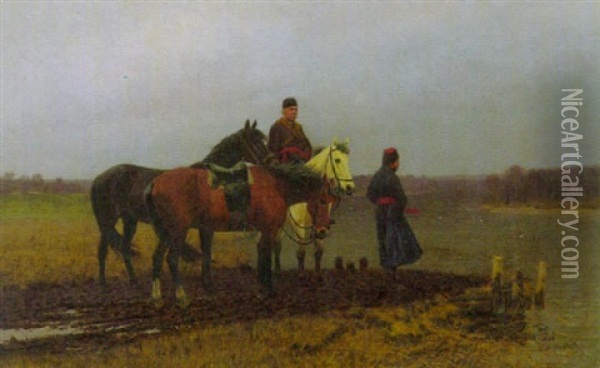Zwei Reiter Am Flussufer, Auf Die Fahre Wartend Oil Painting - Waldemar Los