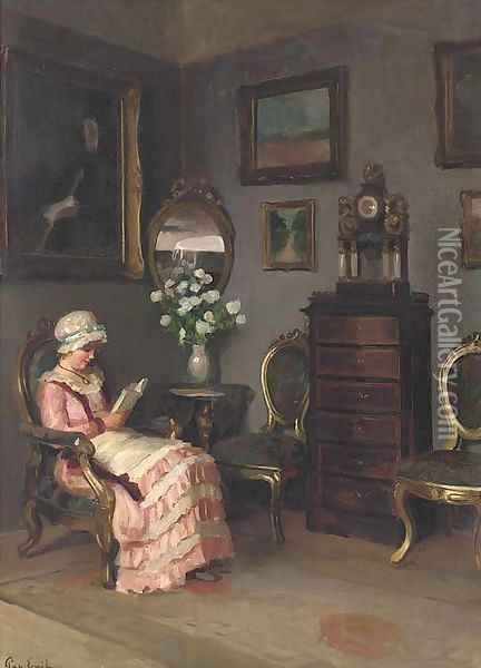 A lady reading in an interior Oil Painting - Emil Pap
