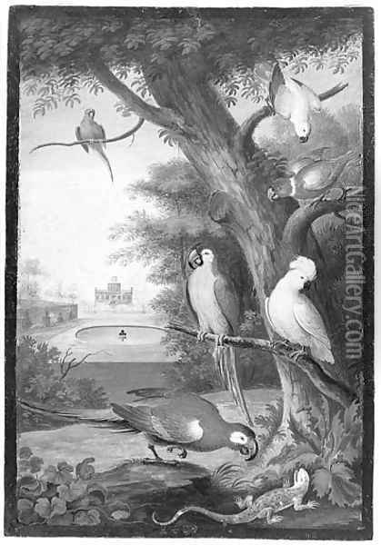 Parrots and a Lizard in a palatial Garden Oil Painting - Johannes Bronkhorst