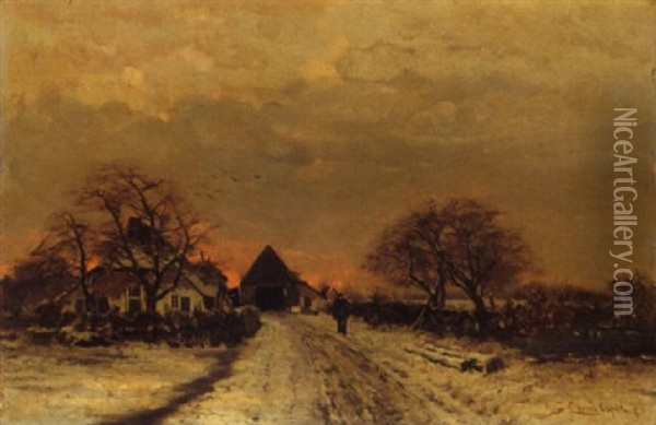 A Winterlandscape With A Figure On A Road Near A Farm Oil Painting - Louis Apol